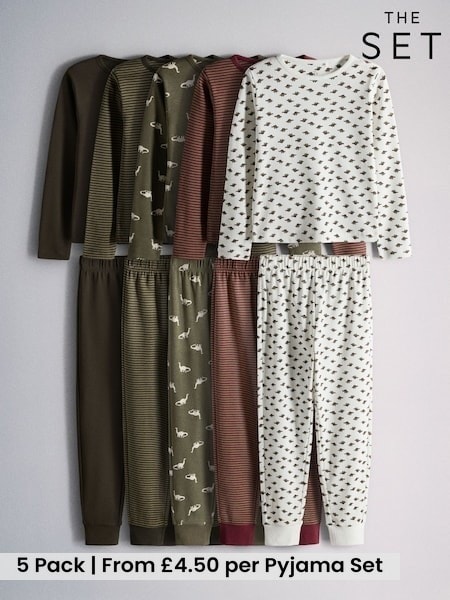 Green/Ecru - The Set 5 Pack Dino Snuggle Fit Pyjamas