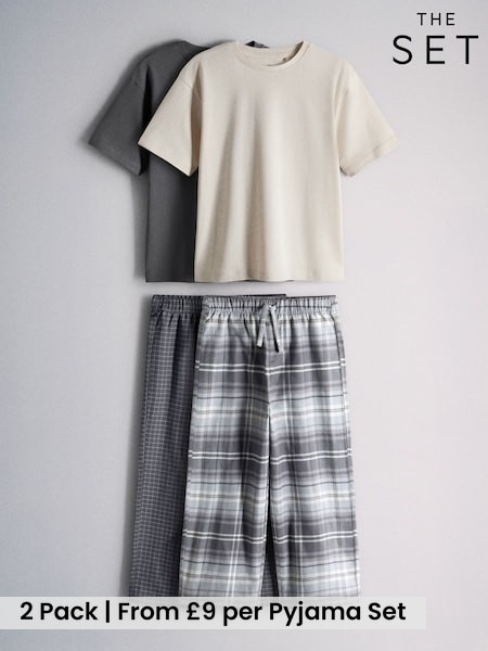 Grey - The Set 2 Pack Short Sleeve Long Check Bottom Pyjamas