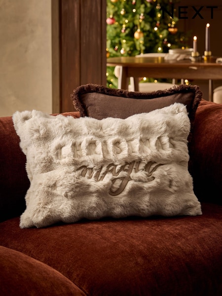 Faux Fur Christmas Magic Slogan Cushion