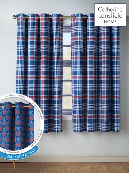 Catherine Lansfield Blue Stars and Check Reversible Eyelet Curtains (V72124) | £50