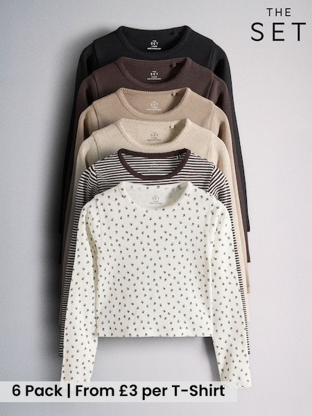 Stripe/Chocolate Brown/Light Brown/Cream - The Set 6 Pack Long Sleeve Cropped Rib Jersey T-shirts