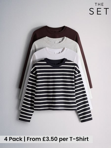 White/Grey Marl/Chocolate Brown/Stripe - The Set 4 Pack Long Sleeve Seam Detail Cotton T-shirts