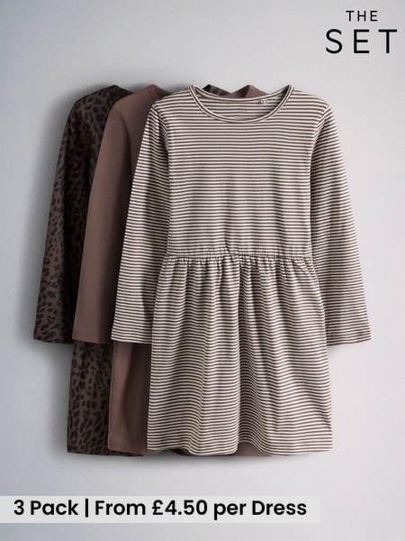 Chocolate Brown Animal Print/Neutral Stripe - The Set 3 Pack Long Sleeve Jersey Skater Dress