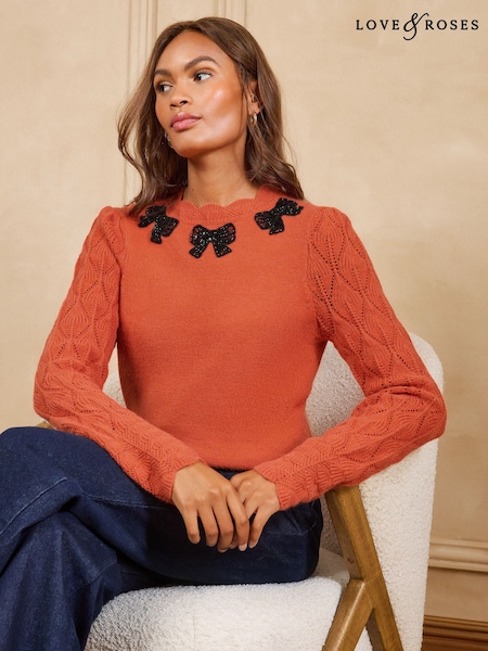Orange - Love & Roses Embellished Bow Detail Scalloped Neck Cosy Knitted Jumper