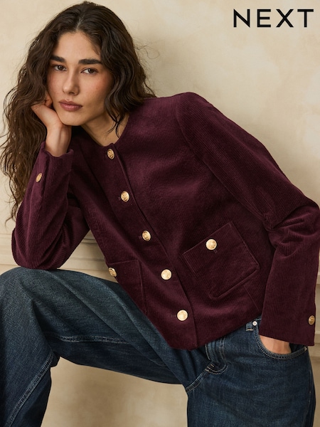 Burgundy Red - Corduroy Collarless Jacket