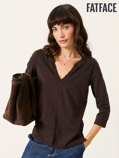 Chocolate Brown - Fatface 3/4 Sleeve V-neck T-shirt