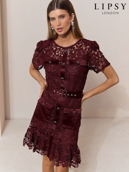 Burgundy - Lipsy Lace Diamante Button Belted Mini Dress