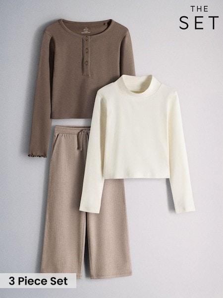 Brown/Cream/Herringbone - The Set 3 Piece Long Sleeve Henley, Long Sleeve Roll Neck Top And Wide Leg Trousers Set