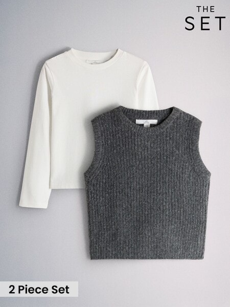 Grey/White - The Set Knitted Tank And Long Sleeve T-shirt Set