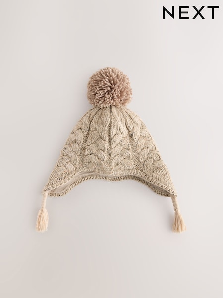 Oatmeal - Cable Pom Knitted Trapper Hat (3mths-10yrs)
