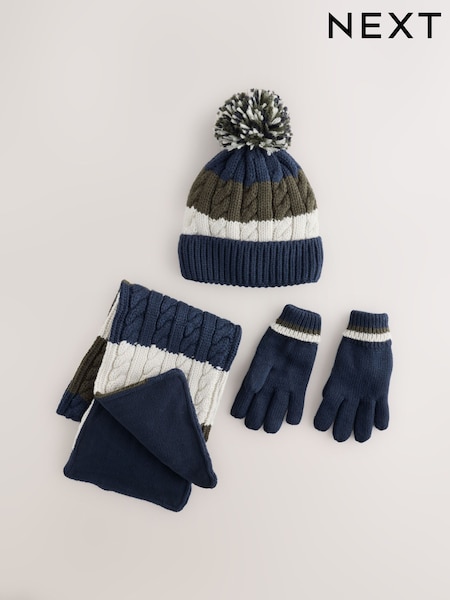 Green/Navy - Cable Beanie Scarf And Gloves Set (3-16yrs)