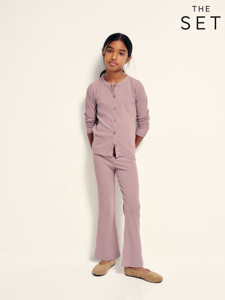 Lilac Purple - The Set Soft Touch Rib Button Through Cardigan And Leggings Set