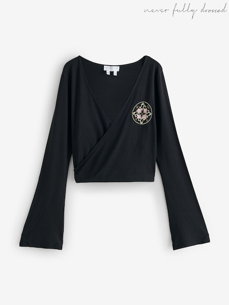 Black - Never Fully Dressed Embrodiery Ballet Wrap Top