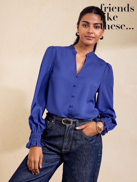 Cobalt Blue - Friends Like These Lace Trim V-neck Long Sleeve Blouse