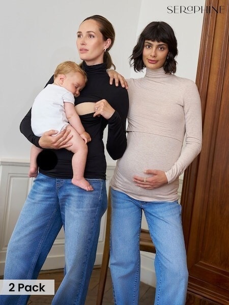 Black & Oatmeal - Seraphine Maternity & Nursing Long Sleeve Roll Neck Top 2 Pack