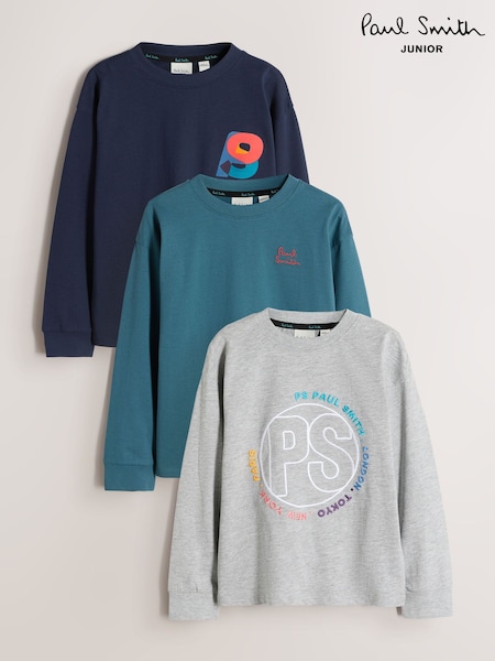 Blue/Grey - Paul Smith Junior Long Sleeve Graphic T-shirts 3 Pack
