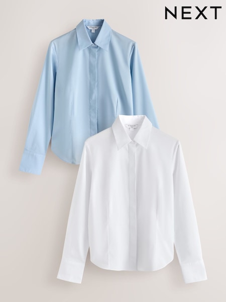 Blue/White - Fitted Stretch Essential Long Sleeve Shirts 2 Pack