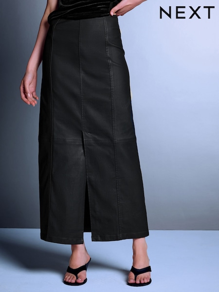 Black - Coated Denim Maxi Skirt