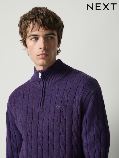 Purple - Regular Quarter Zip Cable Knit Jumper With Wool