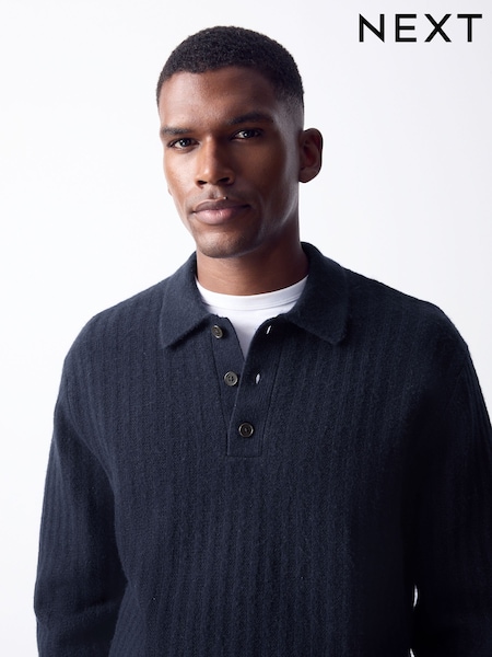 Blue - Regular Cosy Knit Polo Shirt With Wool