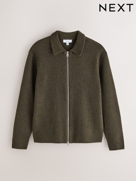 Khaki Green - Regular Cosy Knitted Zip Through Jacket