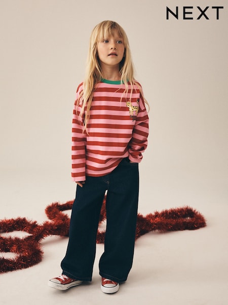 Red Stripe Christmas Cat - Sequin Long Sleeve Top (3-16yrs)