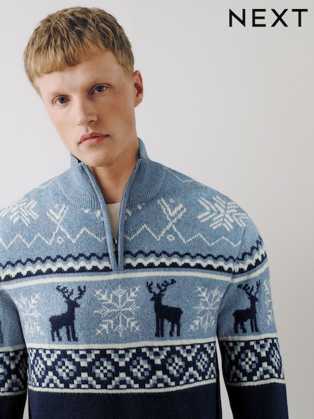 Blue - Regular Zip Neck Christmas Jumper