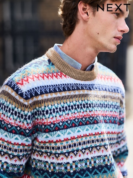 Neutral/Blue - Regular Fairisle Pattern Knitted Jumper