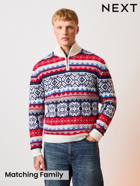 Red/Blue - Regular Fairisle Quarter Zip Christmas Jumper