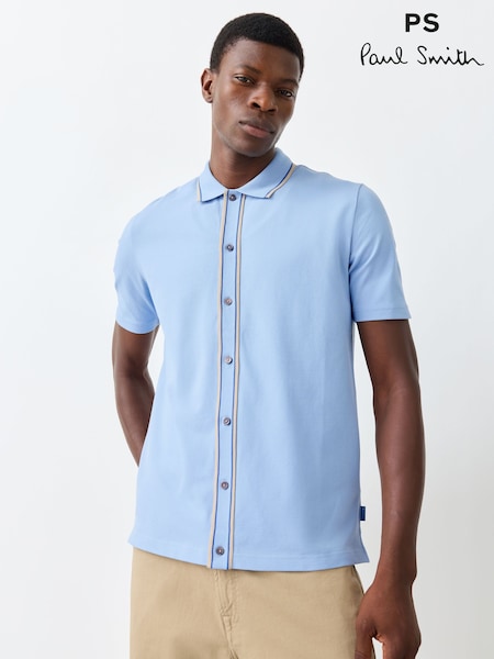 Blue - Regular Ps Paul Smith Jersey Tipped Button Through Shirt