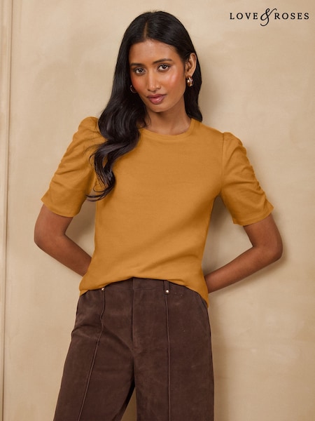 Ochre Yellow - Love & Roses Shrimp Sleeve Jersey Top
