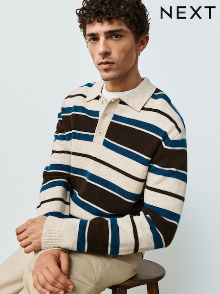 Neutral/Blue Stripe - Regular Cosy Knit Polo Shirt With Wool