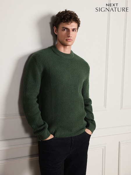 Green - Regular Signature Lambswool Rib Crew Neck Jumper