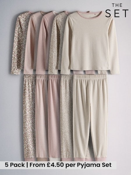 Pink/Cream/Ditsy Print/Stripe - The Set 5 Pack Cotton Jersey Long Sleeve Snuggle Pyjamas