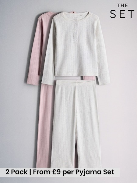 Pink/Cream - The Set 2 Pack Rib Jersey Long Sleeve Button Through Top And Wide Leg Pyjamas