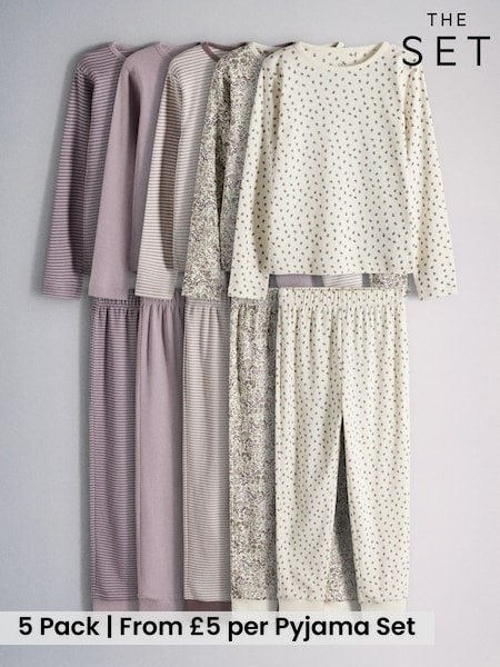 Purple/Lilac/Cream/Ditsy Print/Stripe - The Set 5 Pack Cotton Jersey Long Sleeve Snuggle Pyjamas