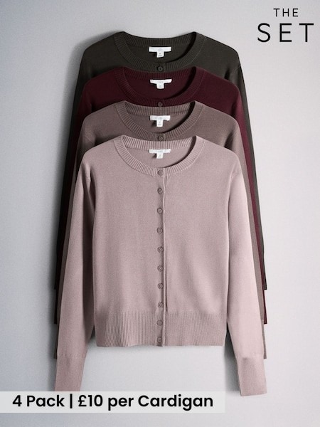 Raven/Grey Sparrow/Purple Quail/Mauve Red - The Set 4 Pack Fine Knit Button Through Cardigans
