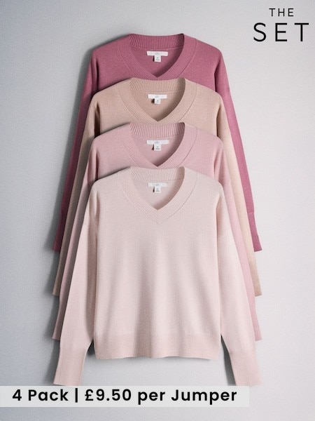 Rose Pinks/Light Pink/Cream - The Set 4 Pack Fine Knit V-neck Jumpers