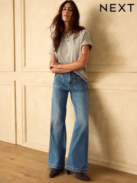 Mid Blue - Patch Pocket Flare Jeans