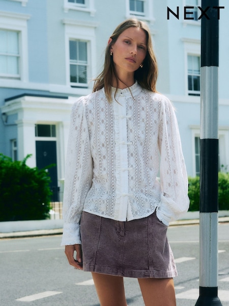 Ecru - Long Sleeved Lace Fastening Blouse