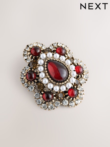 Gold Tone/Burgundy - Encrusted Stone Statement Brooch