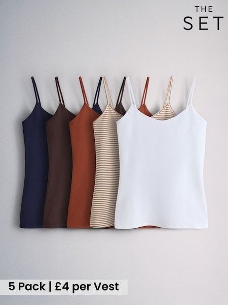Navy/Brown/Stripe/Ochre/White - The Set 5 Pack Strappy Cami Vest Tops