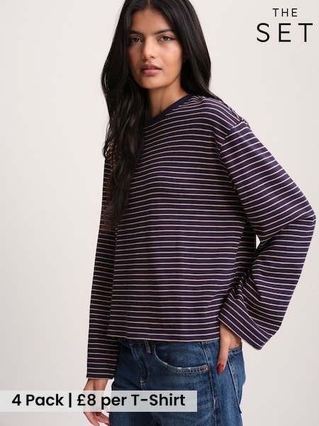 Brown/Navy Stripe/Cream - The Set 4 Pack Heavyweight Relaxed Long Sleeve T-shirts