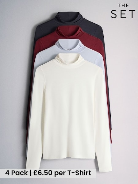 Navy/Burgundy/Cream/Blue - The Set High Neck Long Sleeve Slinky T-shirt 4 Pack