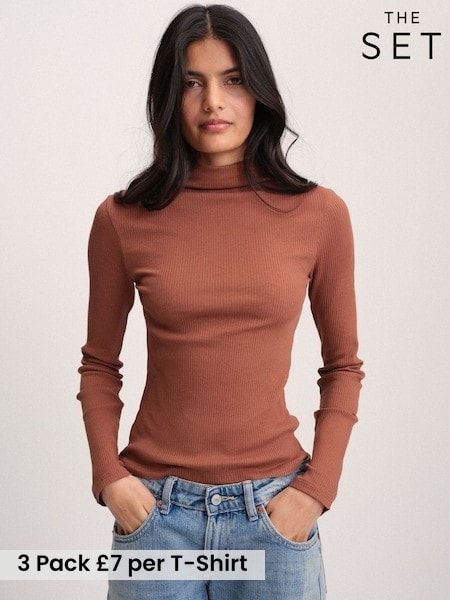 Brown/Ochre/Navy Blue - The Set 3 Pack Long Sleeve High Neck Ribbed T-shirts