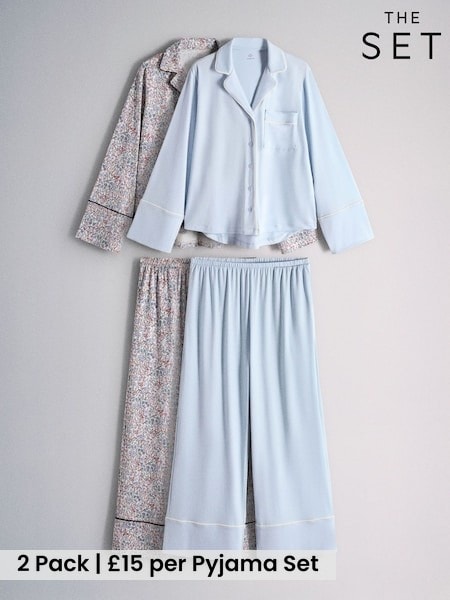 Blue/Print - The Set 2 Pack Viscose Blend Button Through Long Pyjamas