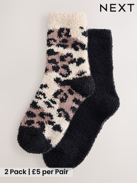 Black/Leopard Print - Cosy Ankle Socks 2 Pack