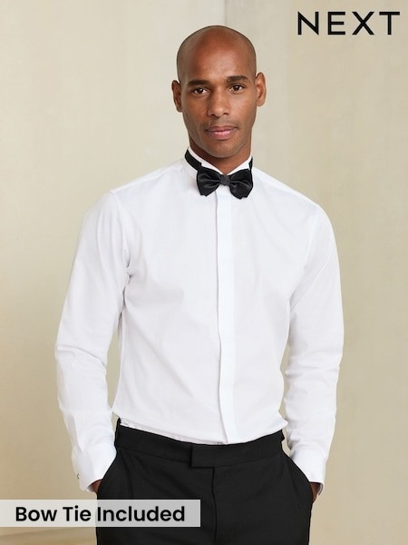 White - Slim Fit Occasion Cotton Rich Twill Shirt And Satin Bow Tie Set