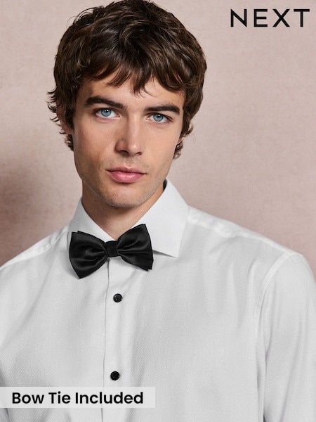White - Regular Fit Occasion Cotton Rich Textured Double Cuff Shirt And Black Satin Bow Tie Set