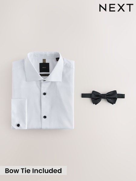 White - Slim Fit Occasion Cotton Rich Twill Double Cuff Shirt And Satin Bow Tie Set